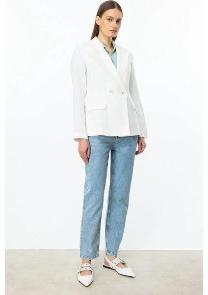 Kadın Kruvaze Yaka Keten Ceket 4018 Ekru modelleri