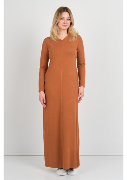 Kadın V Yaka Çift Cepli Ince Şerit Detaylı Maxi Elbise 23813 Camel