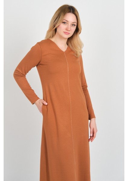 Kadın V Yaka Çift Cepli Ince Şerit Detaylı Maxi Elbise 23813 Camel fiyatları