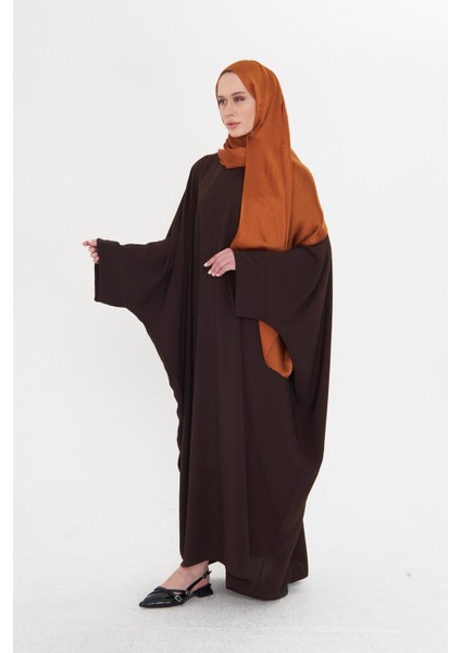 Kahve Yarasa Kol Oversize Medine Ipeği Arkası Düğmeli Düz Elbise 4001_14
