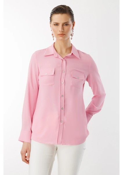 Kadın Çift Kapak Cepli Düğmeli Bluz 3026 Pembe