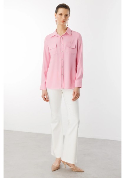 Kadın Çift Kapak Cepli Düğmeli Bluz 3026 Pembe fiyatları