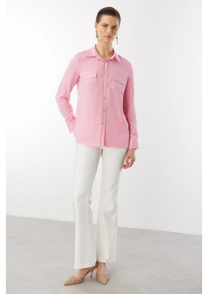 Kadın Çift Kapak Cepli Düğmeli Bluz 3026 Pembe modelleri