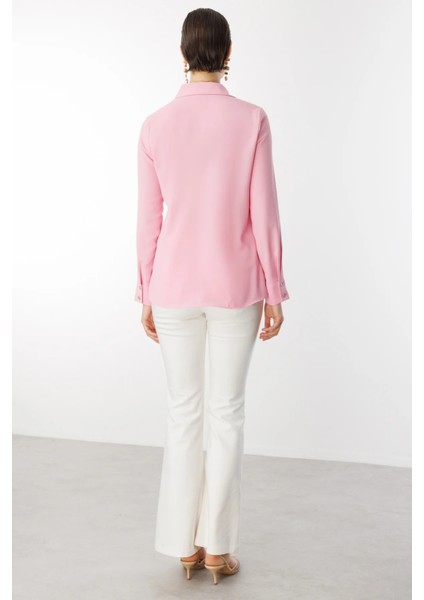 Kadın Çift Kapak Cepli Düğmeli Bluz 3026 Pembe fırsatları
