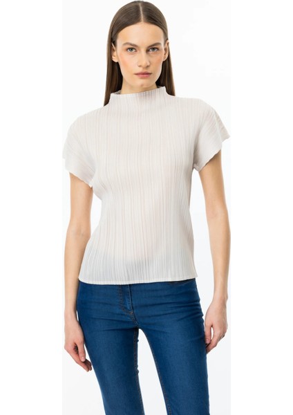 Kadın Akordiyon Kumaş Dik Yaka Bluz 3908 Ekru
