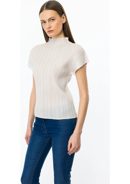 Kadın Akordiyon Kumaş Dik Yaka Bluz 3908 Ekru fiyatları