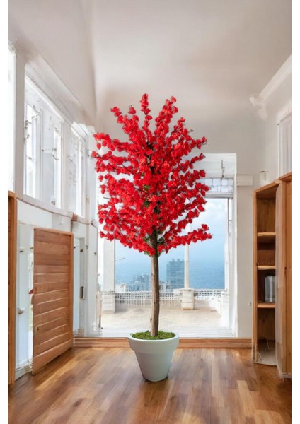Yapay Kırmızı Bahar Dalı Agacı 180 cm Beyaz Plastık Saksı