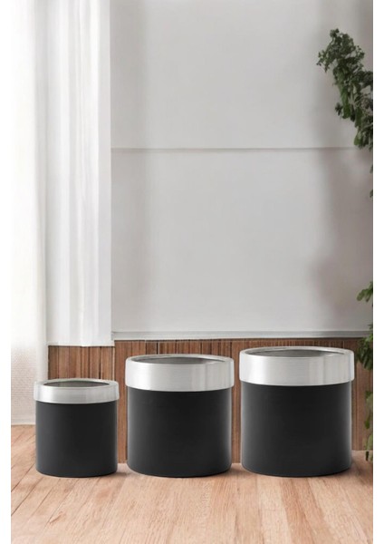 Yuvarlak Paslanmaz Saksı Gümüş Kemerli 25X25,30X30,35X35 3 Lü Set