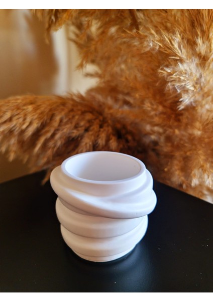 7*7 cm Çizgili Dekoratif Obje & Kalemlik & Vazo - Beyaz