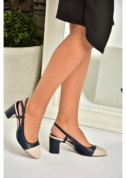 U820025309 Lacivert/ten Kalın Topuklu Kadın Ayakkabı