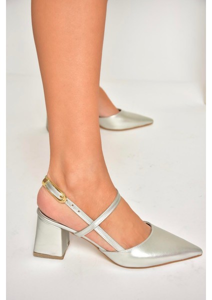 U998144909 Gümüş Kalın Topuklu Kadın Ayakkabı