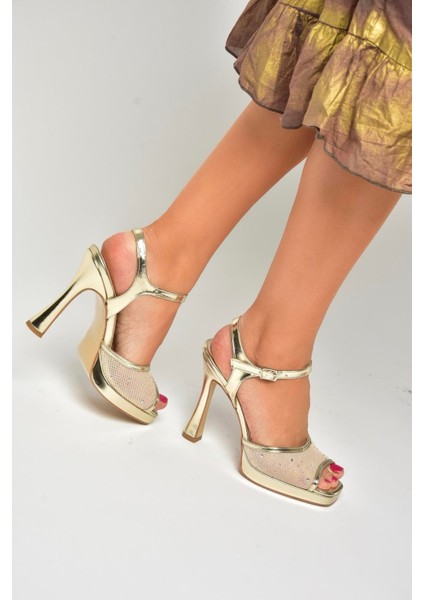 U569921409 Altın File Detaylı Kalın Topuklu Abiye Ayakkabı fiyatları