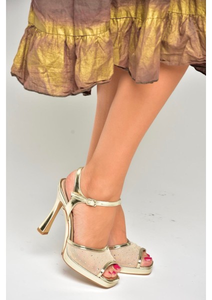 U569921409 Altın File Detaylı Kalın Topuklu Abiye Ayakkabı modelleri