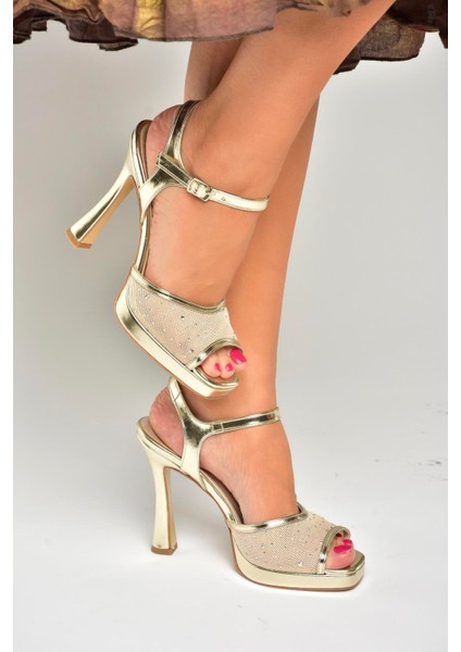 U569921409 Altın File Detaylı Kalın Topuklu Abiye Ayakkabı fırsatları