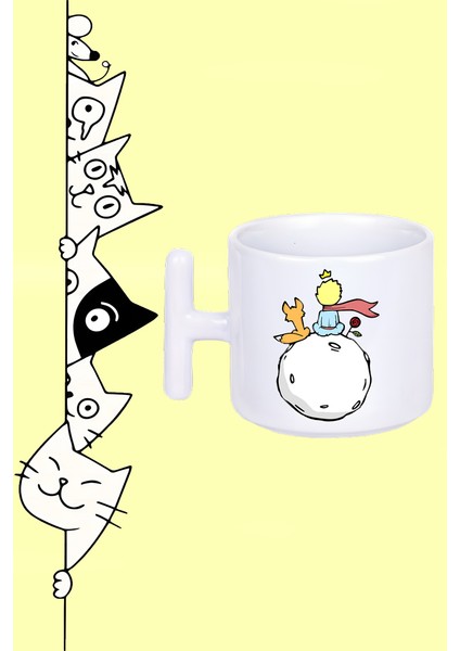 Çizgi Karakter Tilki ve Küçük Prens Tasarım Baskılı Beyaz T Sap Kupa Bardak