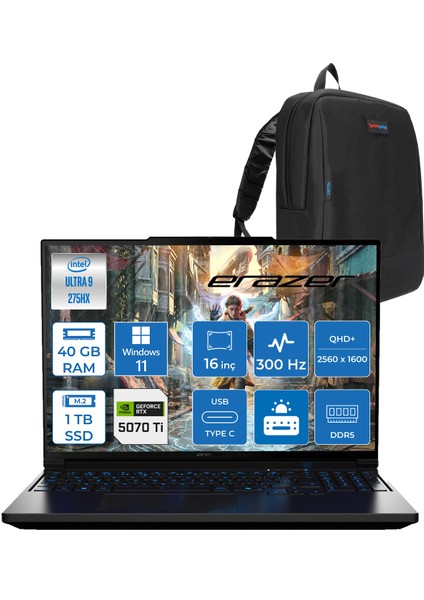 Major 16 X1 Intel Ultra 9 275HX 40GB Ddr5 1tb SSD 12GB RTX5070TI 140W Windows 11 Pro 16'' 500NITS 300Hz Qhd+ Oyuncu Laptop MD62735P09 + Zetta Çanta