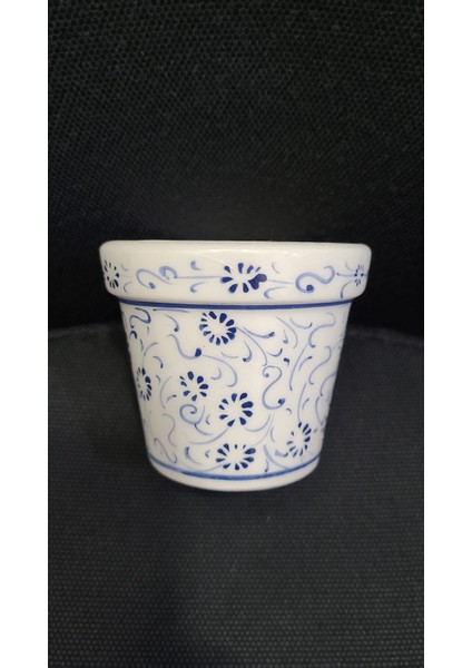 El Yapım Hand Made Saksı Vazo Ufak 6X7CM Lacivert Beyaz Çiçek Desen 1 Adet