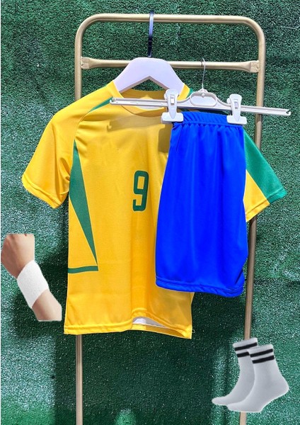Brezilya Ronaldo Nazario Çocuk Futbol Forması Çorap+Bileklik Hediye