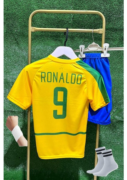 Brezilya Ronaldo Nazario Çocuk Futbol Forması Çorap+Bileklik Hediye