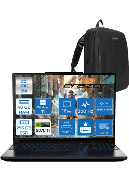 Major 16 X1 Intel Ultra 9 275HX 40GB Ddr5 256GB SSD 12GB RTX5070TI 140W Windows 11 Pro 16'' 500NITS 300Hz Qhd+ Oyuncu Laptop MD62735P07 + Zetta Çanta