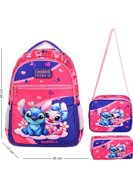 Stitch Temalı Stiç Desenli Kombin Ilkokul Çantası ve Beslenme Çantası ve Kalemlik