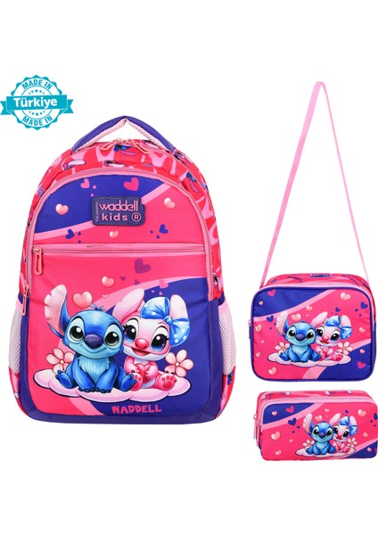 Stitch Temalı Stiç Desenli Kombin Ilkokul Çantası ve Beslenme Çantası ve Kalemlik