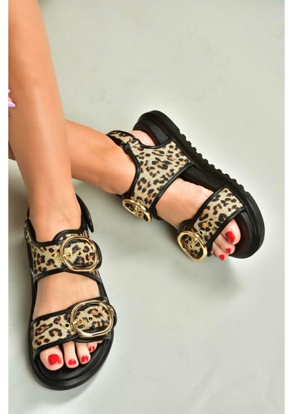 U725092117 Siyah Leopar Hasır Kadın Sandalet