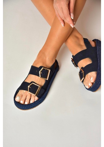 U596330302 Lacivert Süet Kadın Sandalet