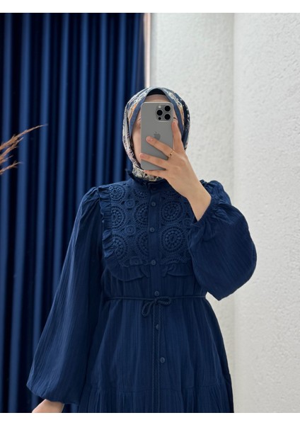 Sorina Önü Dantelli Katkat Detaylı Müslin ELBISE-PA9505 Lacivert
