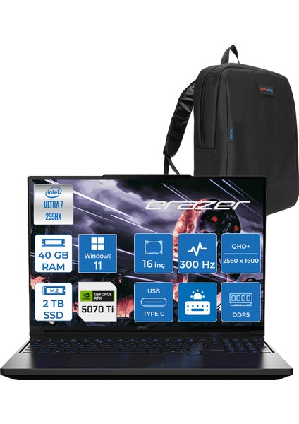 Major 16 X1 Intel Ultra 7 255HX 40GB Ddr5 2tb SSD 12GB RTX5070TI 140W Windows 11 Pro 16'' 500NITS 300Hz Qhd+ Oyuncu Laptop MD62736P10 + Zetta Çanta