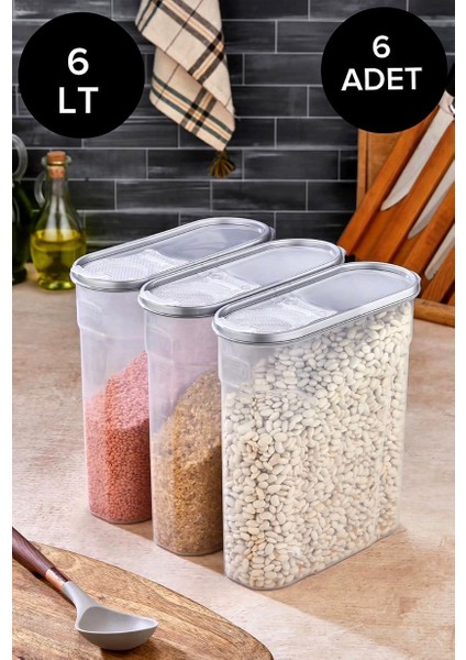 Erzak Bakliyat Kiler Saklama Kabı 6 Adet Set Lüks Şık Kutu Çeyiz Seti 6lt Gri Kapaklı