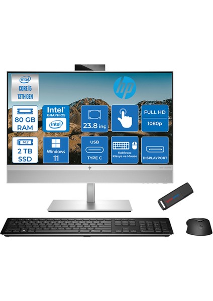 Aıo Elıteone 870 G9 Intel Core I5-13500 80GB Ddr5 2tb SSD Intel UHD Grafik Kartı 770 23.8" Fhd IPS 250NITS Windows 11 Pro Dokunmatik All In One Bilgisayar 7B0J4EAP23 + Zettausbbellek