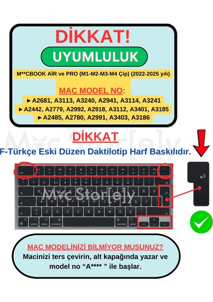 F Klavye Macbook Air-Pro M1-M2-M3 Daktilotip (TOUCHBARSIZ)A2681 A3113 A2941 A3114 A2442 A2779 A2992 A2918 A2485 A2780 A2991 ile Uyumlu