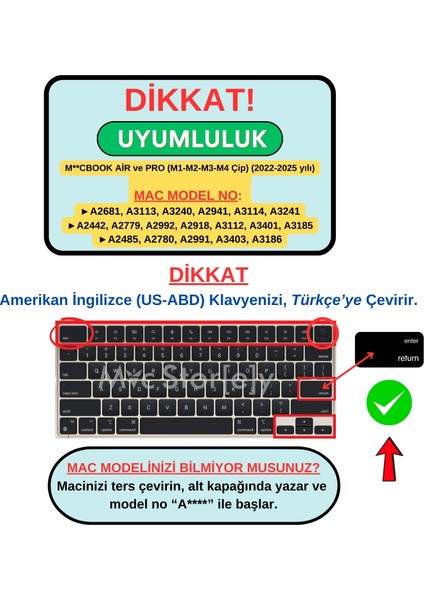 Macbook Air Pro Klavye Kılıfı US-TR Baskı A2681 A2941 A2442-85 A2779-80 A2992-18 A2991 Uyumlu