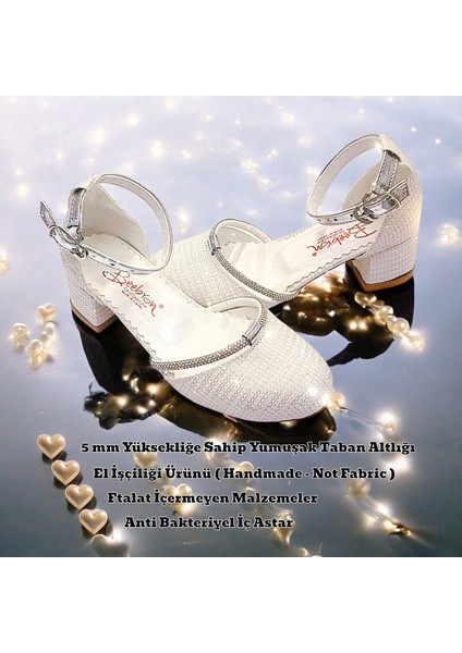Topuklu Abiye Kız Çocuk Ayakkabı Shining Princess Series Abikyayk2405 Simli Krem 35