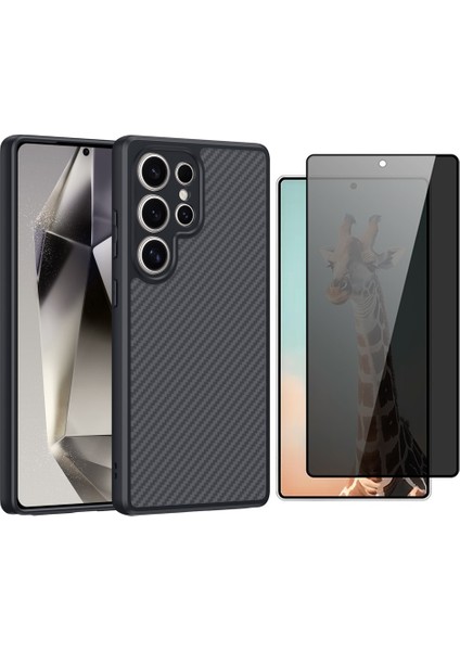 Samsung Galaxy S25 Ultra Kılıf M-safe Şarj Özellikli Karbon Fiber Tasarımlı Zore Elnino Kapak + Hayalet Cam Ekran Koruyucu