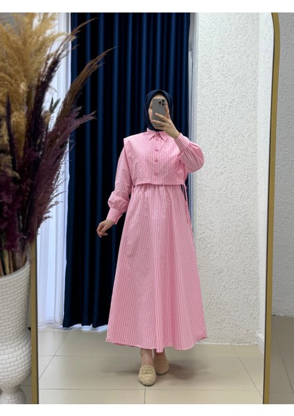 Soruna Beli Lastikli Yelekli Çizgili ELBISE-KN7077 Pembe