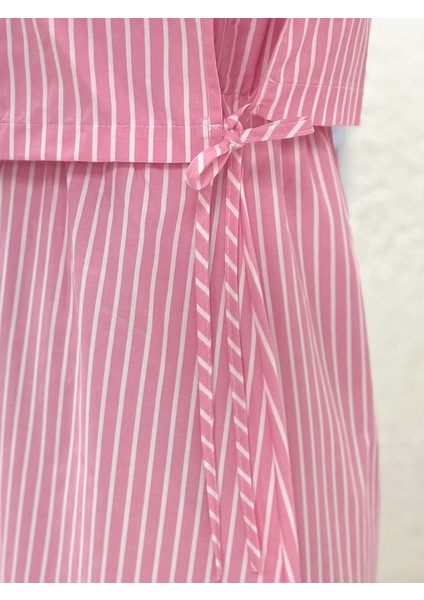 Soruna Beli Lastikli Yelekli Çizgili ELBISE-KN7077 Pembe