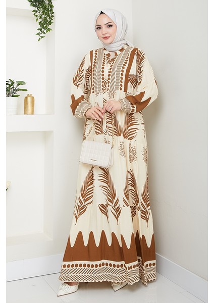 Dilar Yarım Düğmeli Dokuma Viskon Elbise 1484 - Kahve