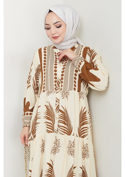 Dilar Yarım Düğmeli Dokuma Viskon Elbise 1484 - Kahve modelleri