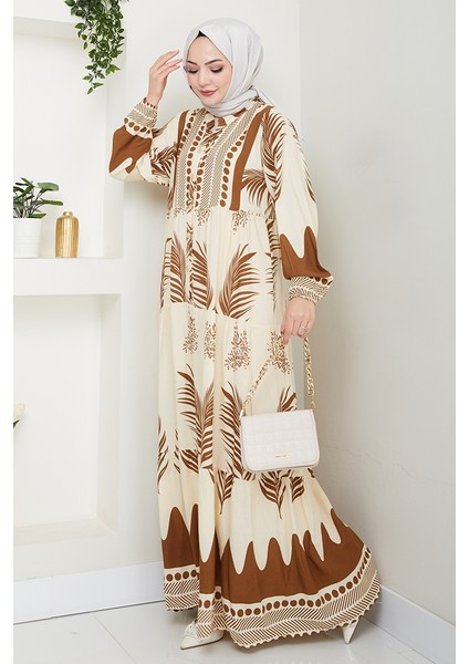 Dilar Yarım Düğmeli Dokuma Viskon Elbise 1484 - Kahve fırsatları