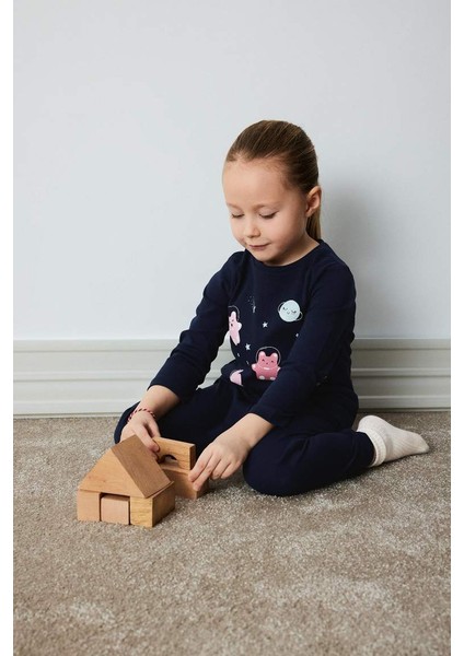 Yeni Sezon Kız Bebek Pijama Takımı Uzay Baskılı Uzun Kollu Üst Beli Lastikli Uzun Alt
