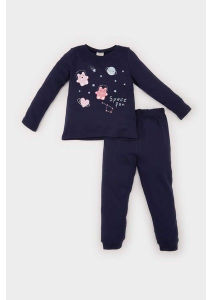 Yeni Sezon Kız Bebek Pijama Takımı Uzay Baskılı Uzun Kollu Üst Beli Lastikli Uzun Alt