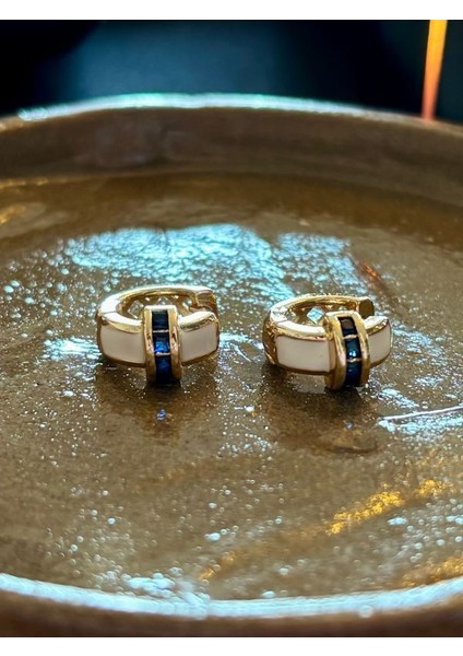 C Beyaz Mineli Lacivert Taş Detaylı Şık Kadın Halka Küpe 1,2 cm modelleri