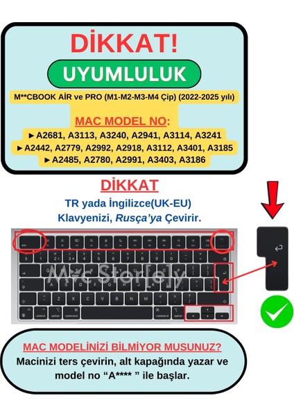 Rusça Klavye Macbook Air-Pro Koruyucu (Touchbarsız) A2681 A3113, A2941 A3114, A2442 A2779 A2992 A2918, A2485 A2780 A2991 ile Uyumlu