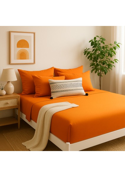 %100 Pamuk Lastikli Çarşaf Çift Kişilik Fitted Çarşaf Takımı 160X200 Cm, 2 Adet Yastık Kılıfı, Turuncu