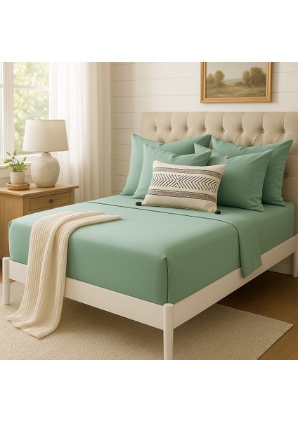 %100 Pamuk Lastikli Çarşaf Çift Kişilik Fitted Çarşaf Takımı 160X200 Cm, 2 Adet Yastık Kılıfı, Mint