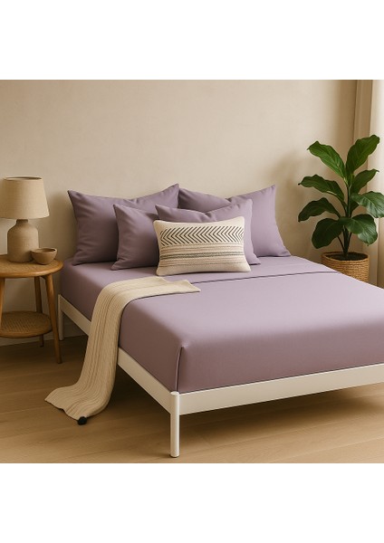 %100 Pamuk Lastikli Çarşaf Çift Kişilik Fitted Çarşaf Takımı 160X200 Cm, 2 Adet Yastık Kılıfı, Lila