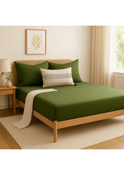 %100 Pamuk Lastikli Çarşaf Çift Kişilik Fitted Çarşaf Takımı 160X200 Cm, 2 Adet Yastık Kılıfı, Zeytin