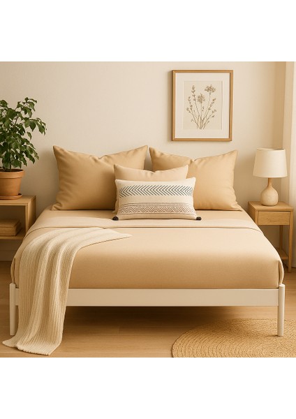 %100 Pamuk Lastikli Çarşaf Çift Kişilik Fitted Çarşaf Takımı 160X200 Cm, 2 Adet Yastık Kılıfı, Bej